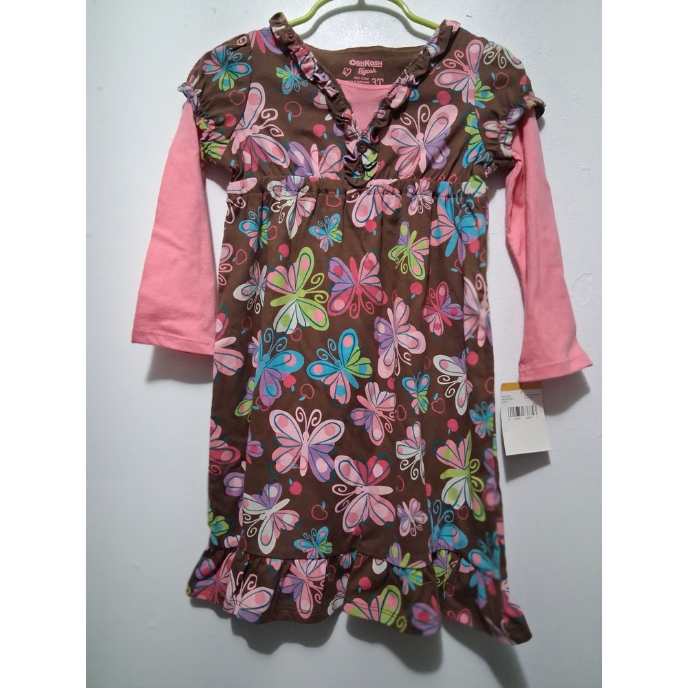OshKosh B'gosh Girls 3T Brown Pink Butterfly Long Sleeve Ruffle Cotton Dress NWT